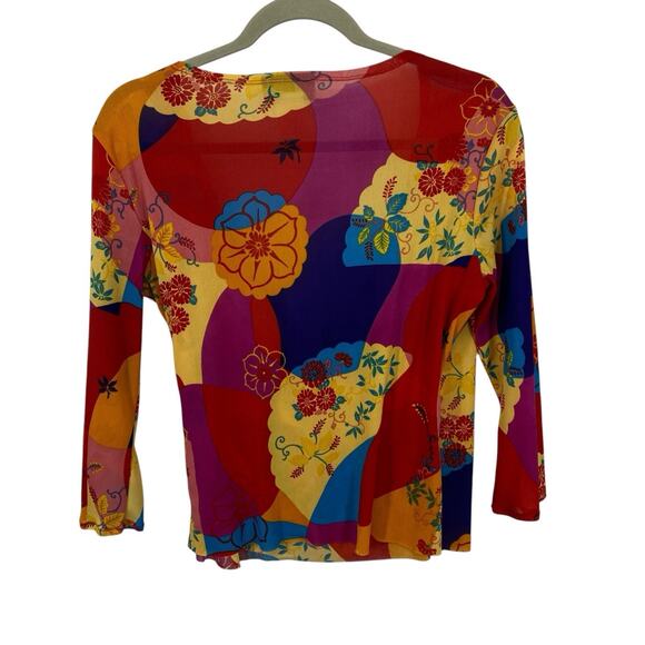 Forenza Mesh Faux Wrap Top Women Size Medium Colorful Floral 3/4 Sleeve Pullover - Picture 2 of 6